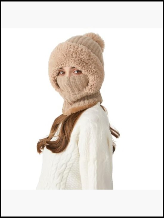 Double Layer Fleece Lined Knit Balaclava Beanie Scarf Mask Set Snow Hat main image 4